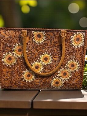 American Darling Tooled Sunflower Leather Tote - Brown & Yellow